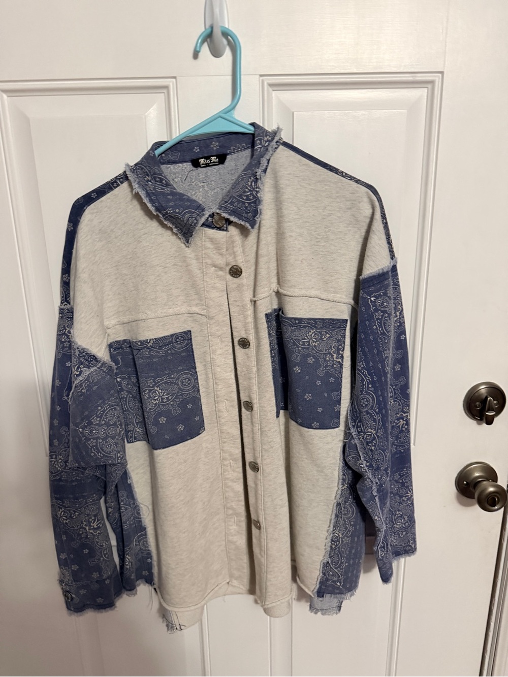 Miss Me Cream and Blue Bandana Patchwork Button-Front Shirt Jacket